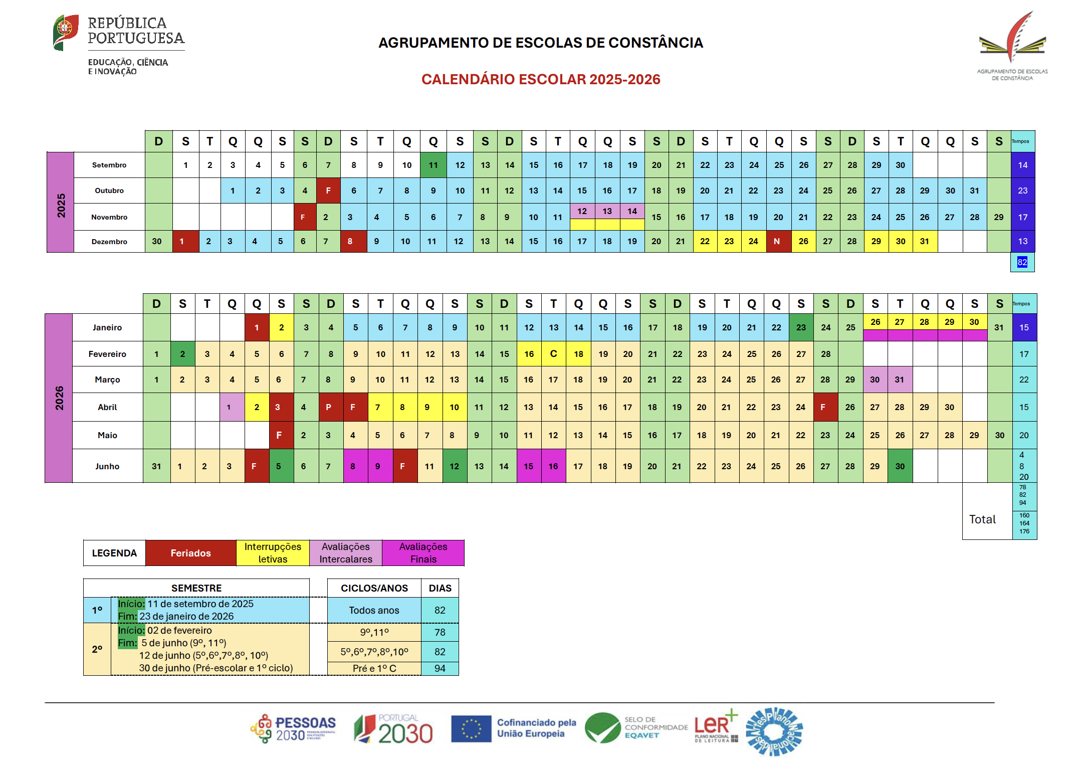 Calendário escolar 2025-2026 do Agrupamento de Escolas de Constância