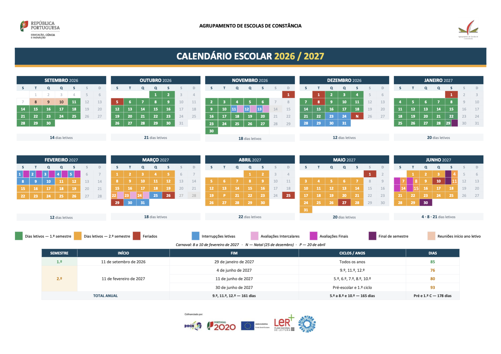 Calendário escolar 2026-2027 do Agrupamento de Escolas de Constância