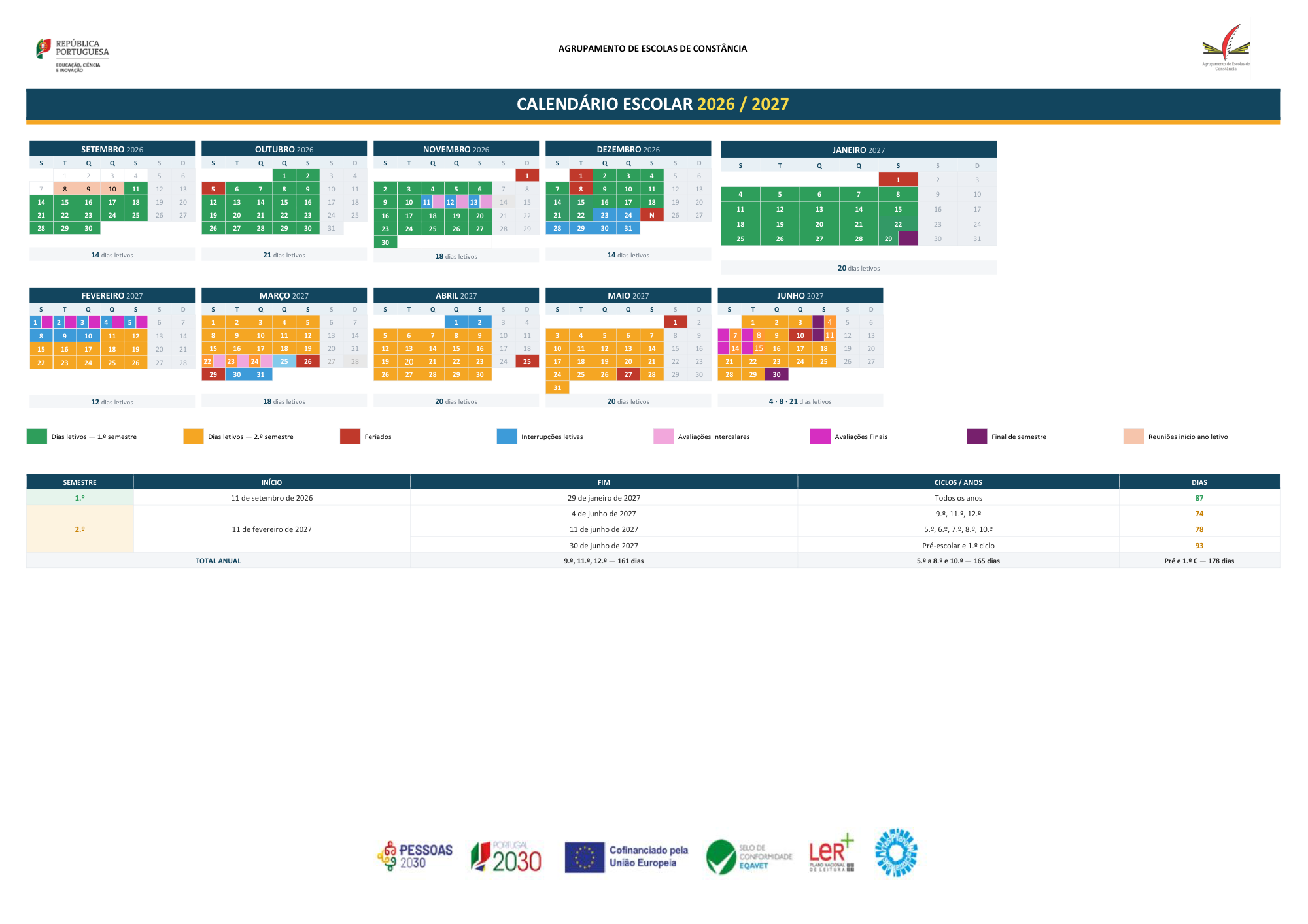 Calendário escolar 2026-2027 do Agrupamento de Escolas de Constância